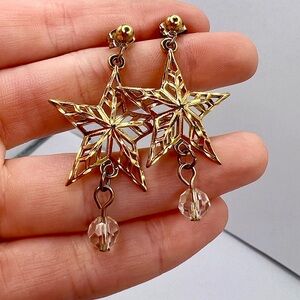 Vintage Gold Tone Star Dangle Earrings, W/ Crystal accent bead